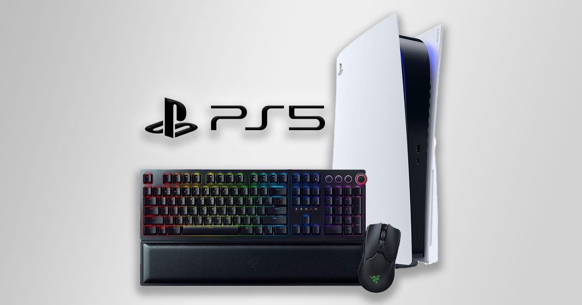 PS5 logo in black next to a white and black PS5 and a black Razer keyboard with multicolored lighting behind the keys and a black wireless Razer mouse beneath it.