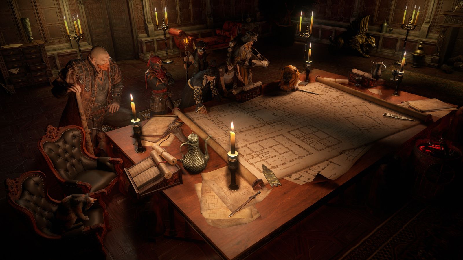 In-game image from Path of Exile of a group of characters reading a map spread out on a candle lit table.
