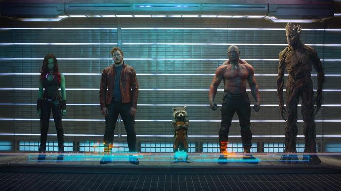 The five Guardians of the Galaxy going from Gamora, Peter Quinn, Rocket Raccoon, and Drax to Groot.