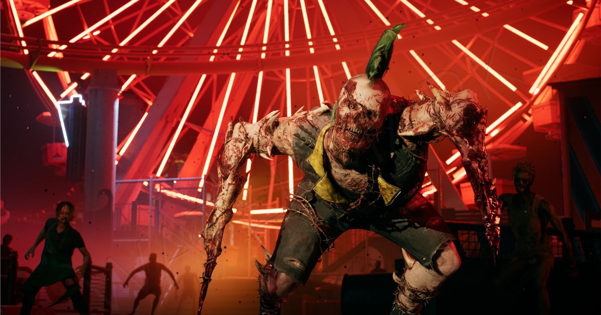 Screenshot showing Dead Island 2 butcher zombie in front of Ferris wheel