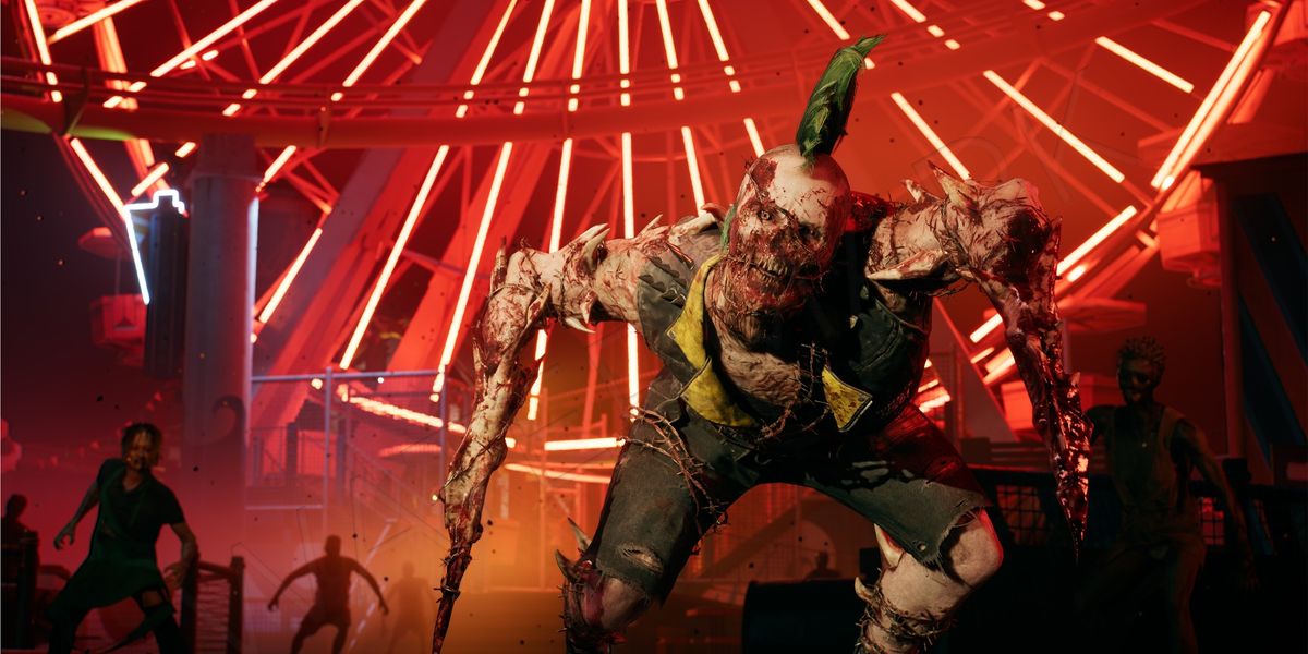 Dead Island 2 butcher zombie standing in front of Ferris wheel