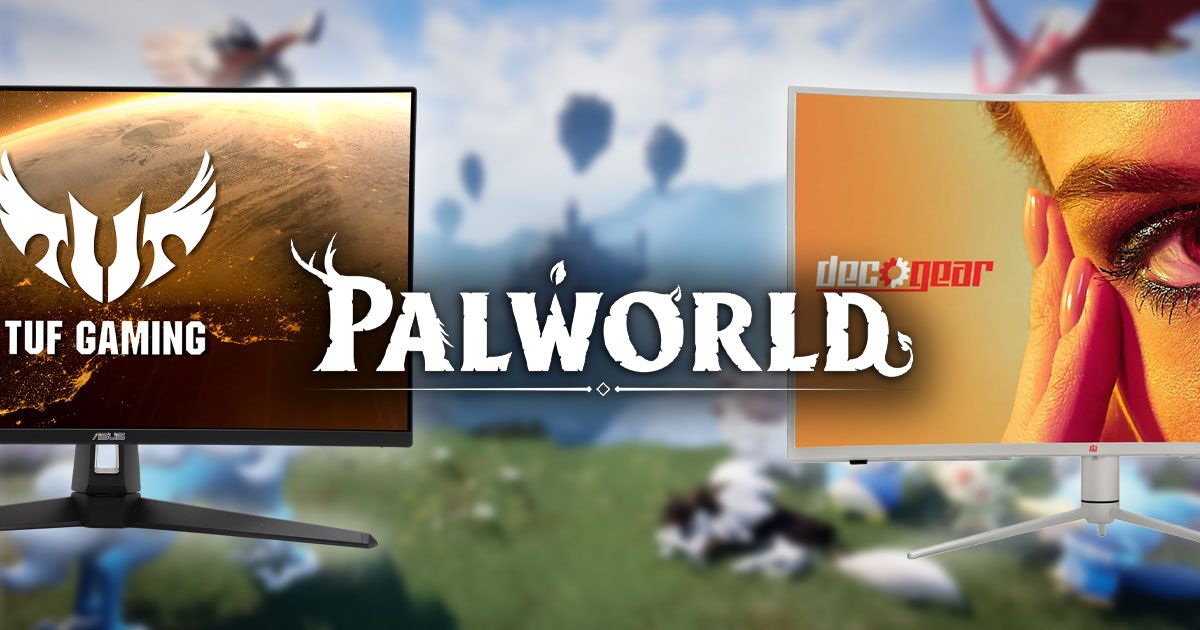 The Palworld logo in white in front of the game's cover art and with a monitor either side of it.