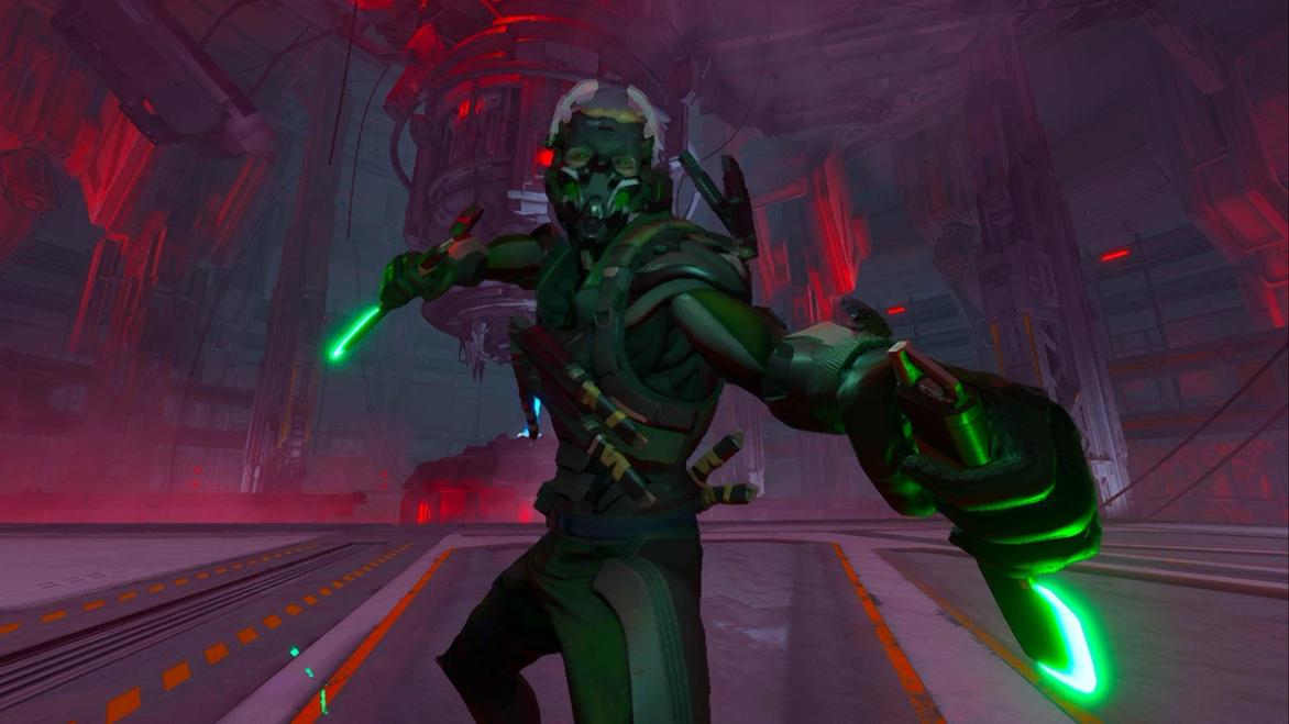 Ghostrunner 2 boss Mitra stands ready to attack with two knives glowing green