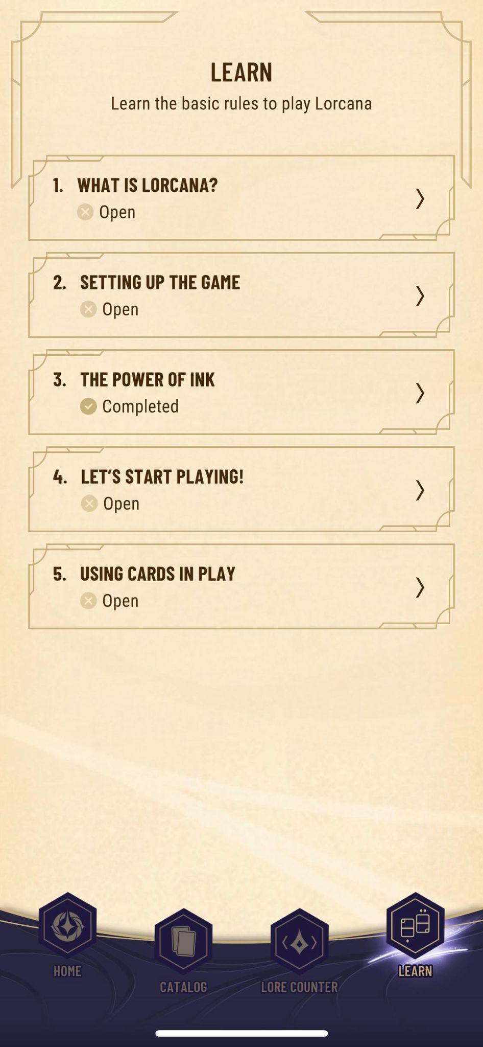 Screenshot of the rules tab of the Disney Lorcana app on iOS
