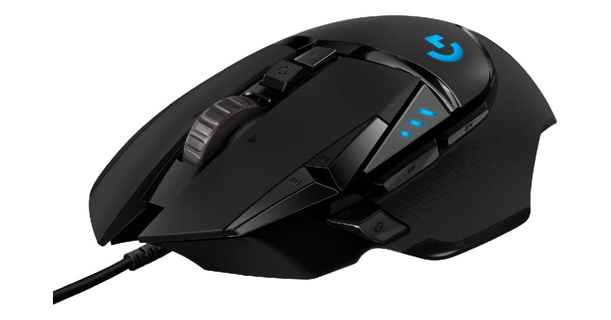 Logitech G502 HERO product image of an ergonomic black wired gaming mouse featuring blue lighting.