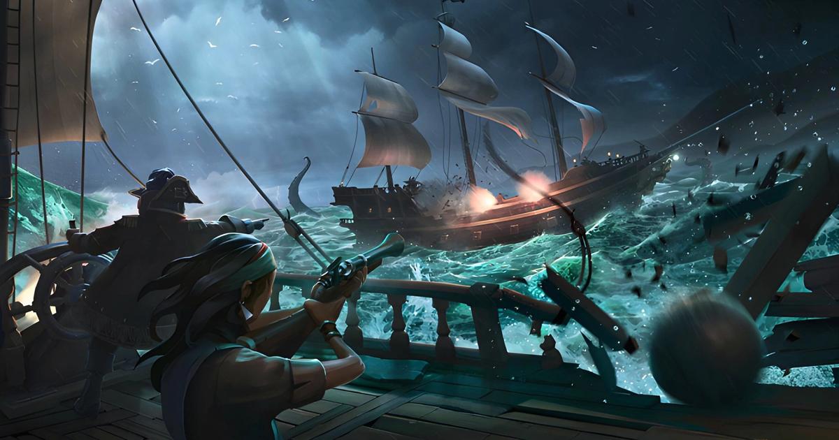 Sea of Thieves players firing at pirate ship