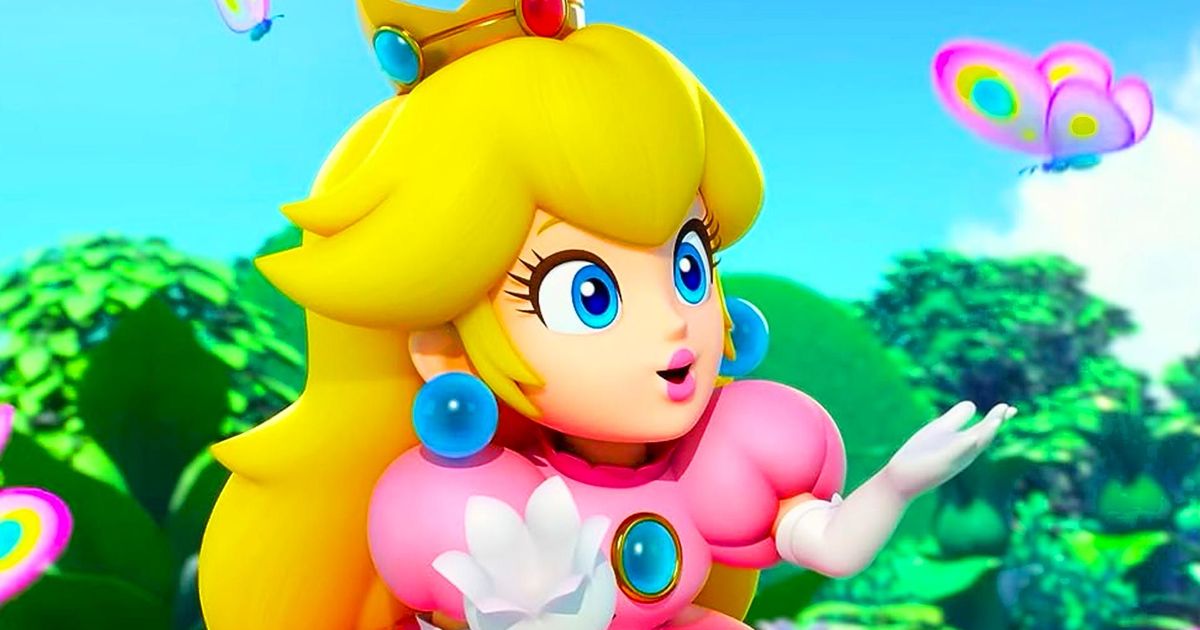 Princess Peach looking at a butterfly