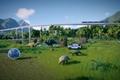 Jurassic World Evolution 2 Gyrosphere inside herbivore enclosure. There is a ranger team in the middle of the image and a handful of herbivorous dinosaurs.