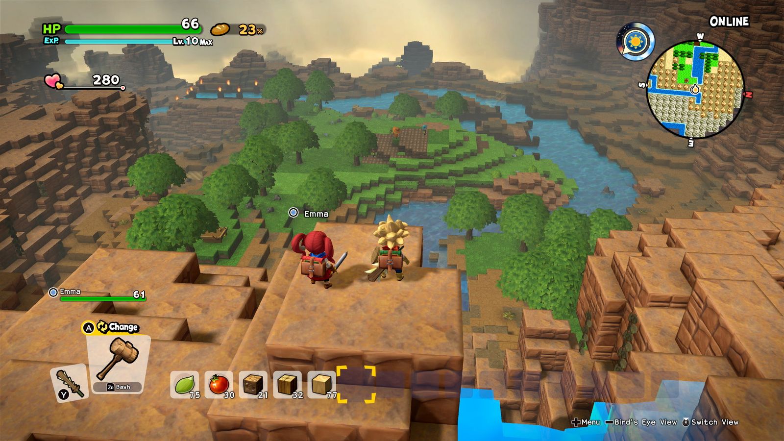 In-game image from Dragon Quest Builders 2 of two characters standing on top of a brown mountain looking out over a river and trees below.