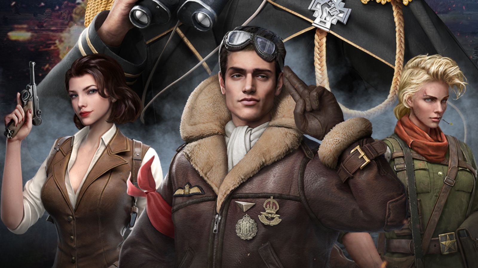 Screenshot from Warpath codes, featuring three pilots in military uniform