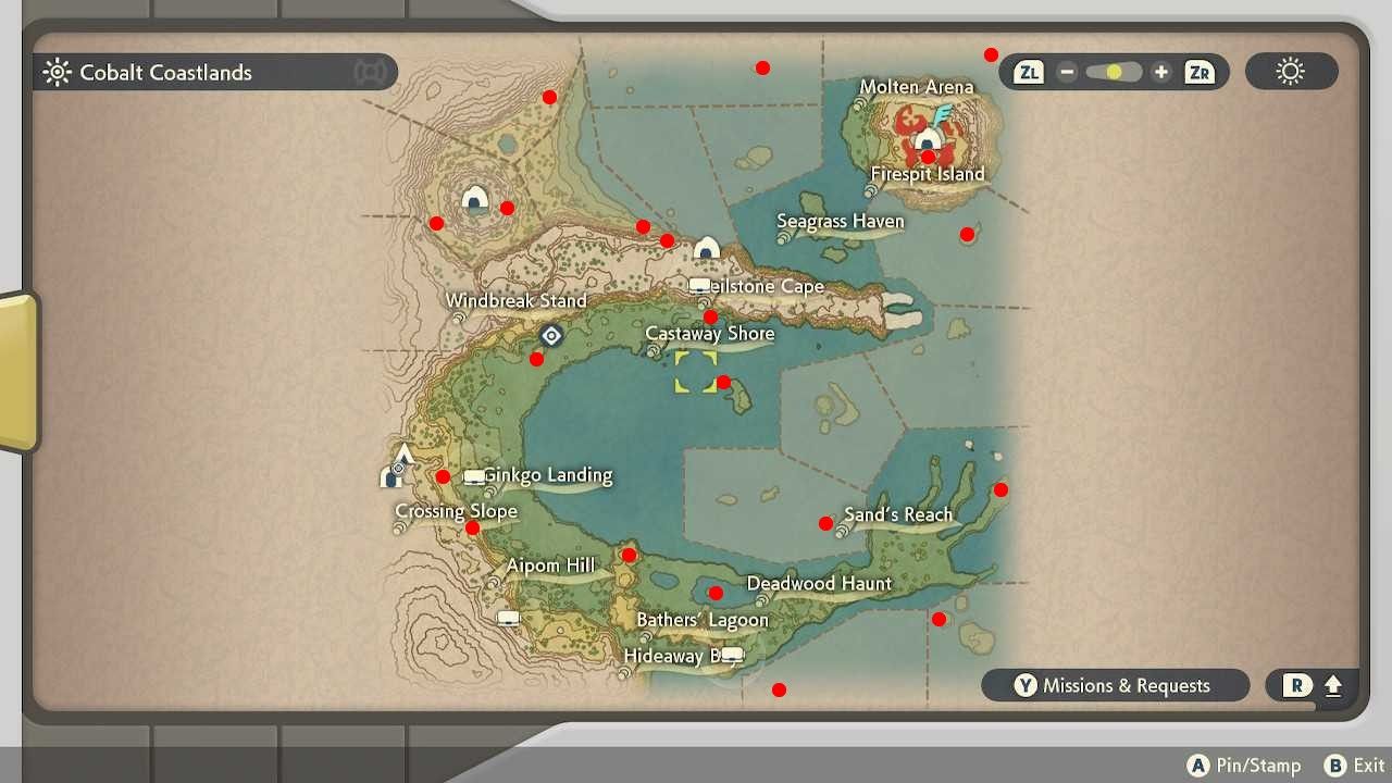 All the Wisp locations in Cobalt Coastlands, in Pokémon Legends: Arceus.