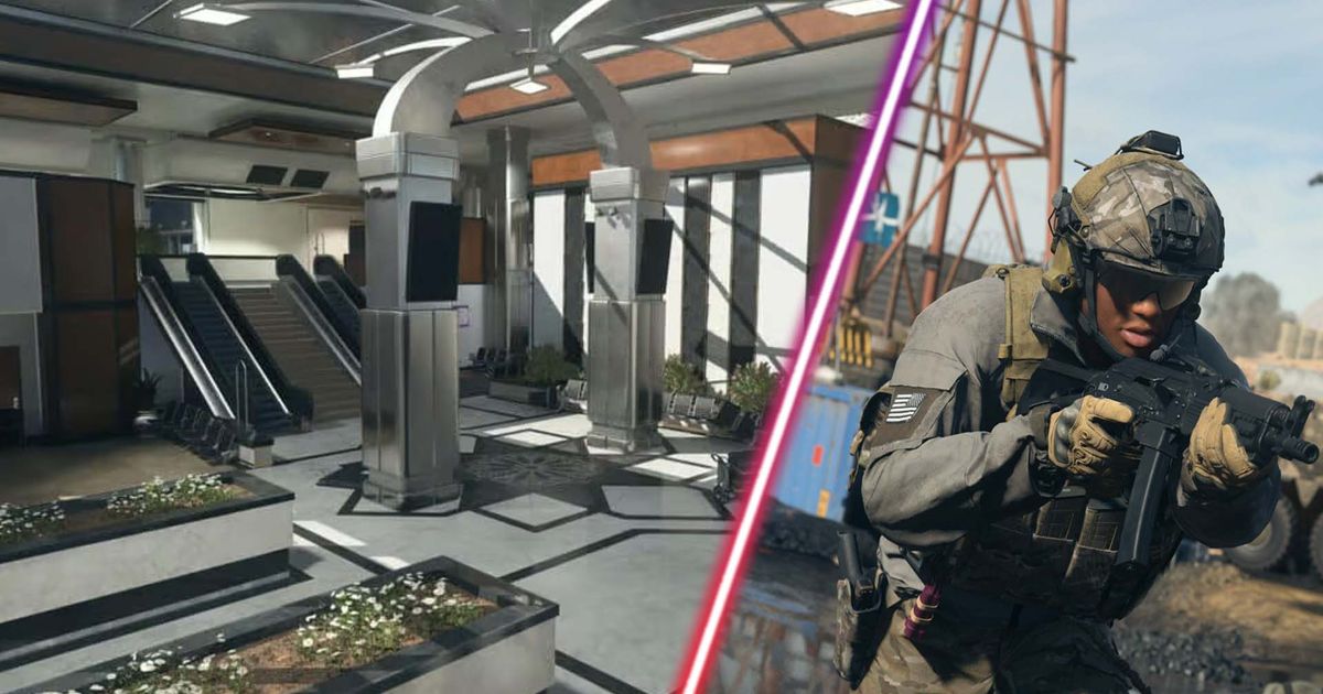 Screenshot of Modern Warfare 2 Terminal multiplayer map and Modern Warfare 3 soldier holding a submachine gun