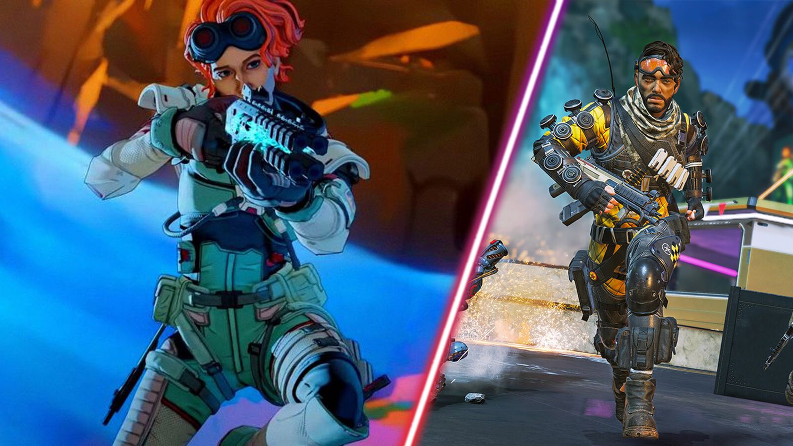Screenshot of Apex Legend player aiming down sights while wearing blue armour and Apex Legends player running while holding submachine gun in right hand
