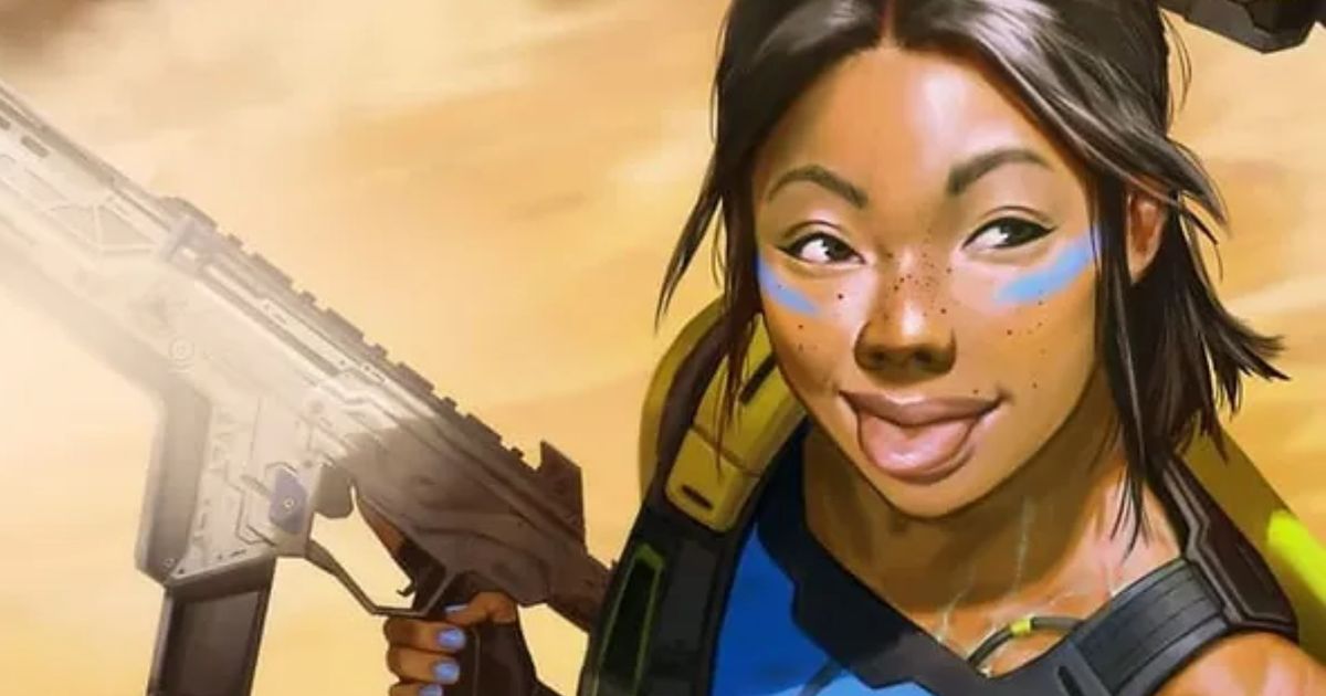 Apex Legends hero Conduit holding a rifle and sticking her tongue out 