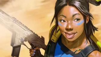 Apex Legends hero Conduit holding a rifle and sticking her tongue out 