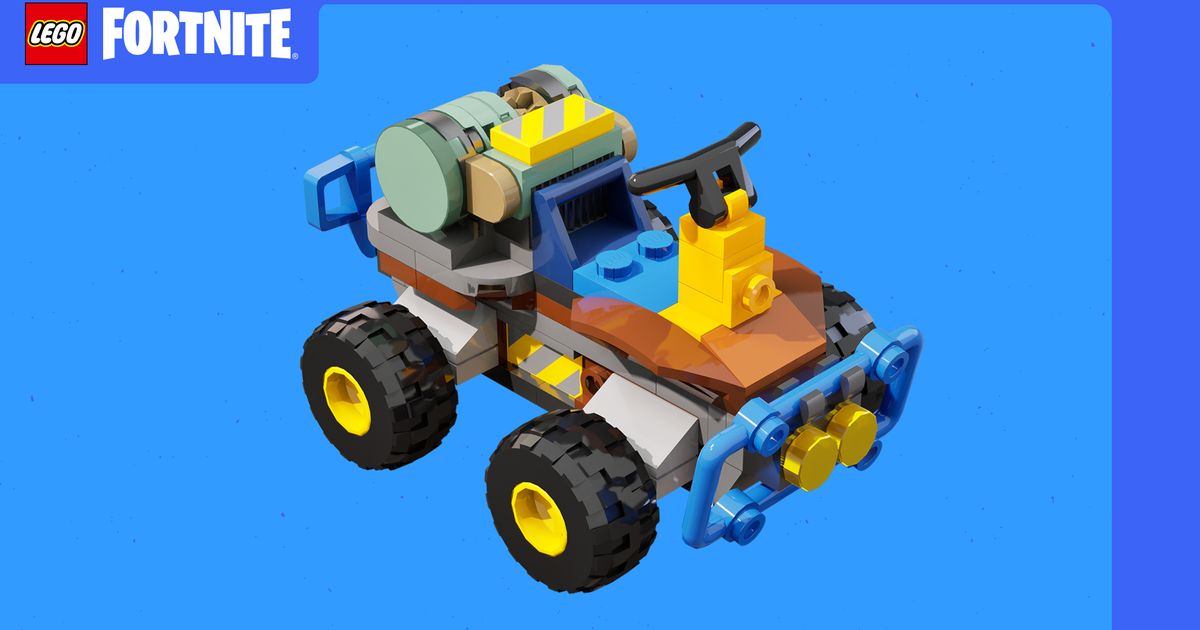 Lego Fortnite car on blue background