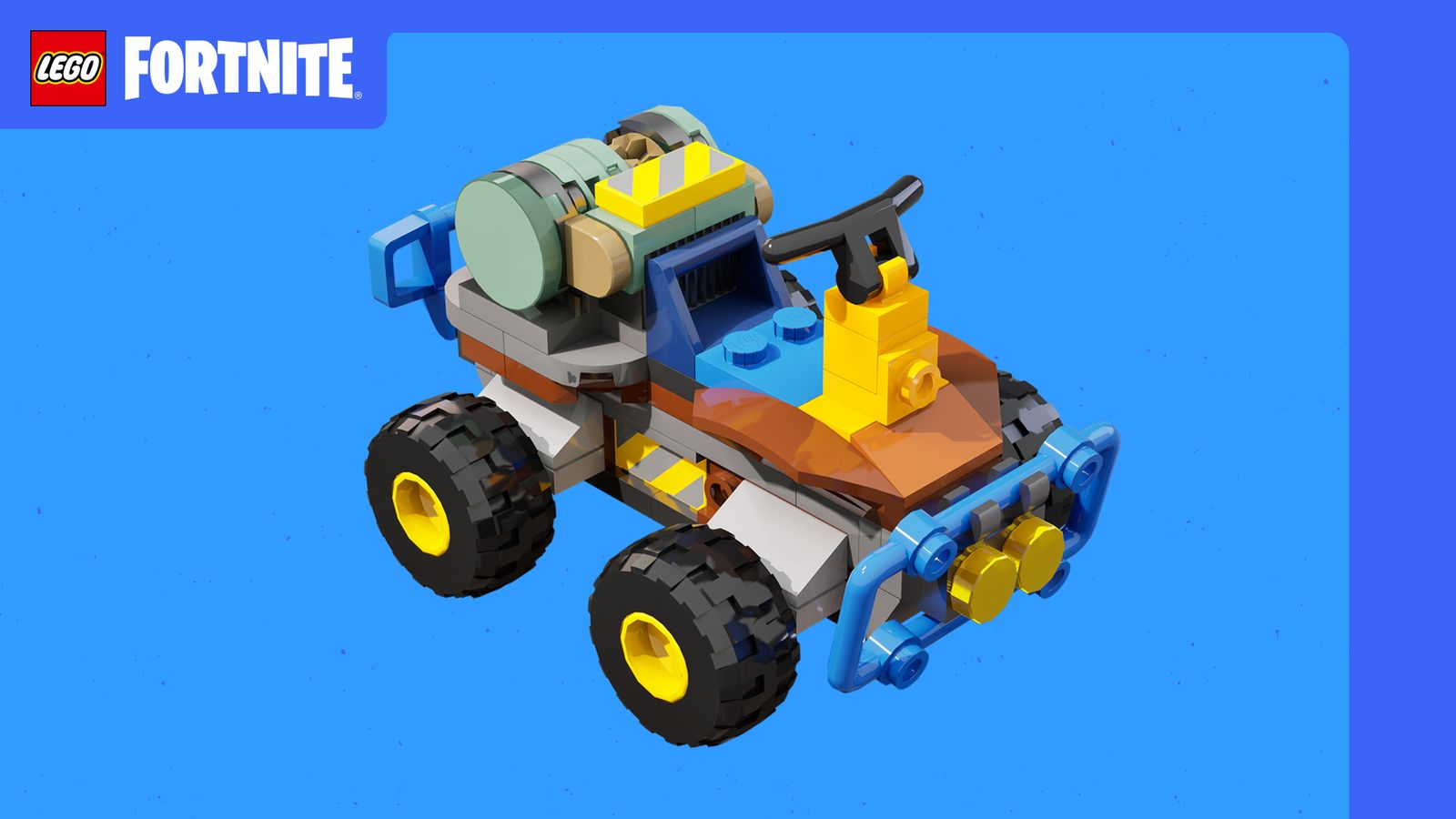 Lego Fortnite car on blue background