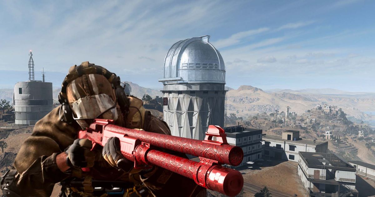 Warzone player aiming down sights of shotgun with Zaya Observatory in background