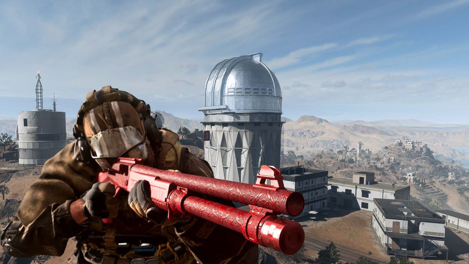 Warzone player aiming down sights of shotgun with Zaya Observatory in background