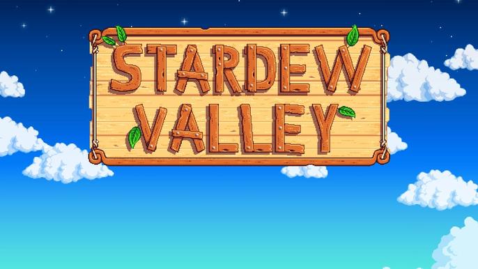 Stardew Valley title screen. The words "Stardew Valley" are in the middle of the screen. Each letter is made out of wood. The background is blue and has fluffy white clouds floating in it.