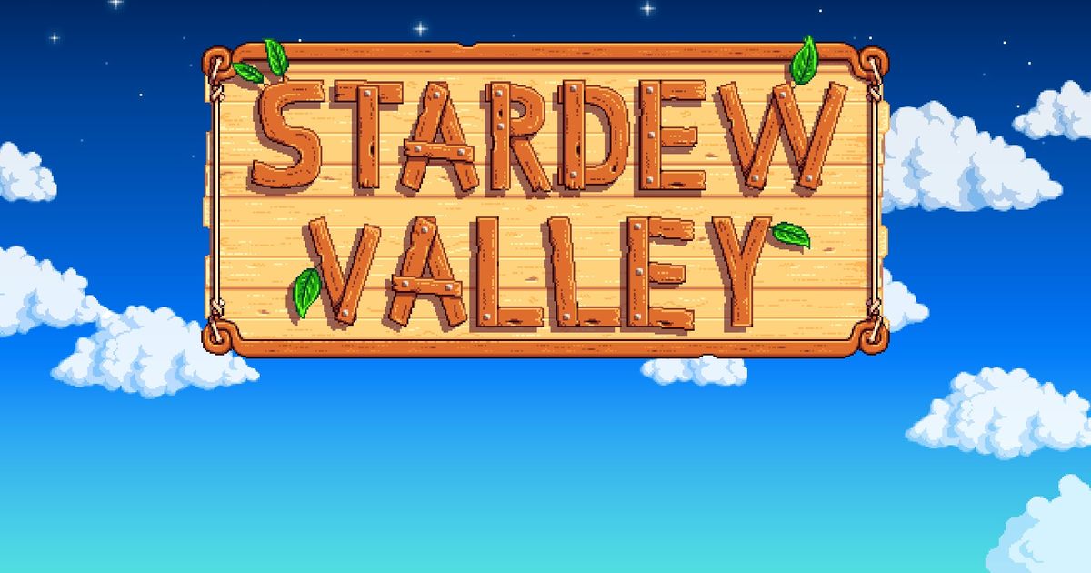 The image is of the Stardew Valley title screen. The image shows the words "stardew valley" made out of pieces of wood and placed on a larger piece of wood. The background is blue and there are fluffy white clouds scattered across it.