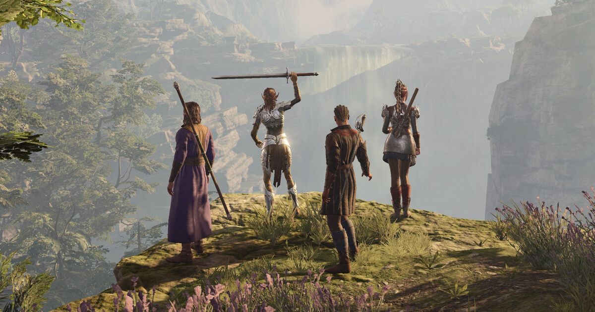 Four characters from Baldur's Gate 3 on a grassy mountain's edge looking over the edge, with the character in front with their sword raised high.