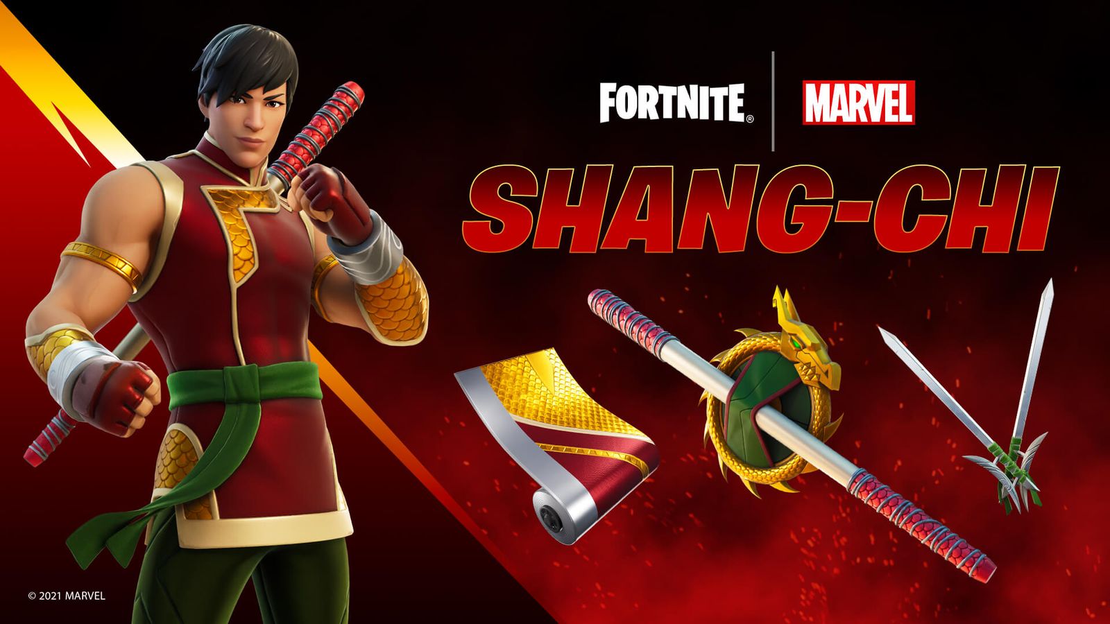 This image displays the contents of the Shang-Chi cosmetic bundle in Fortnite.