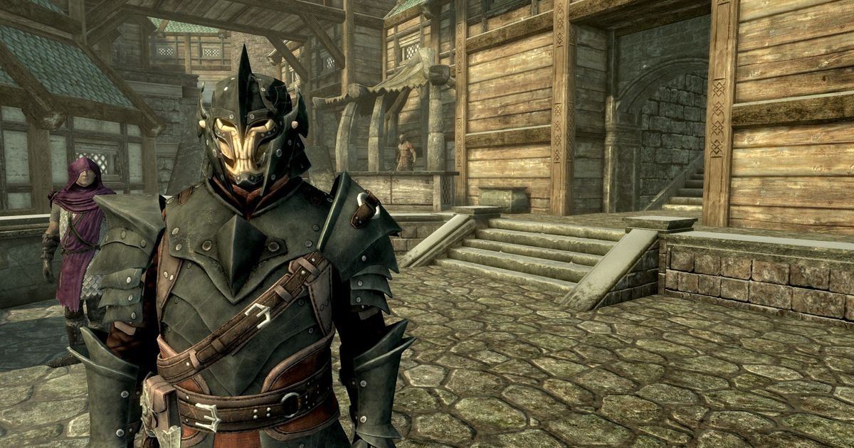 skyrim mod lordbound character standing in town wearing unique new armour