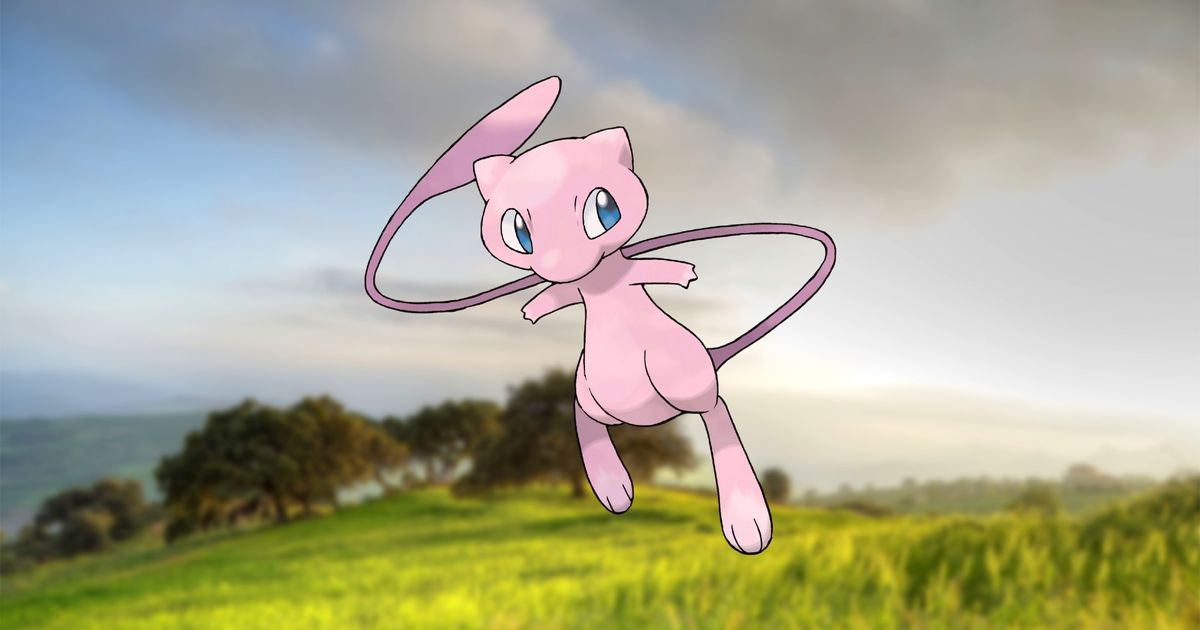 The Pokemon Mew floating in a valley.