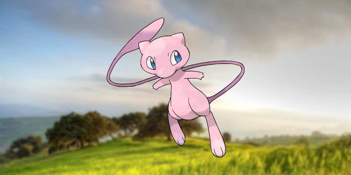 The Pokemon Mew floating in a valley.