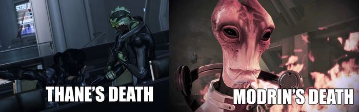 Two characters from Mass Effect are about to die. Thane on the left is stabbed by a ninja, while Mordin on the right will burn to death in an explosion.