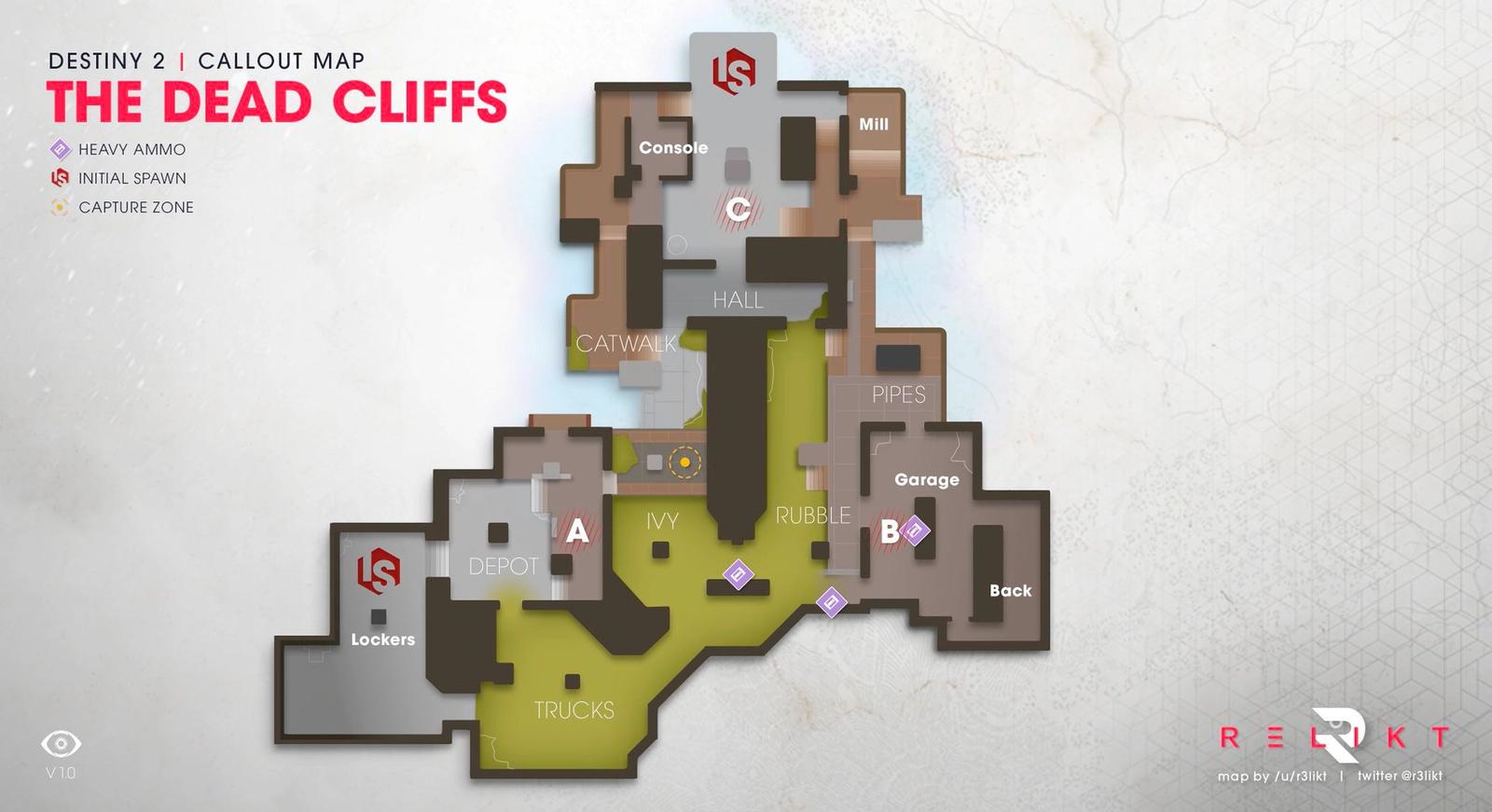 Callout map for Destiny 2 Dead Cliffs map, created by the artist Relikt.