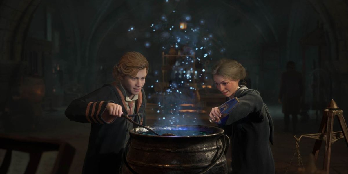 Two characters stirring a potion pot in Hogwarts Legacy.