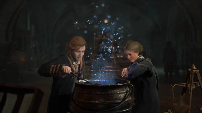 Two Hogwarts Legacy characters making potions.