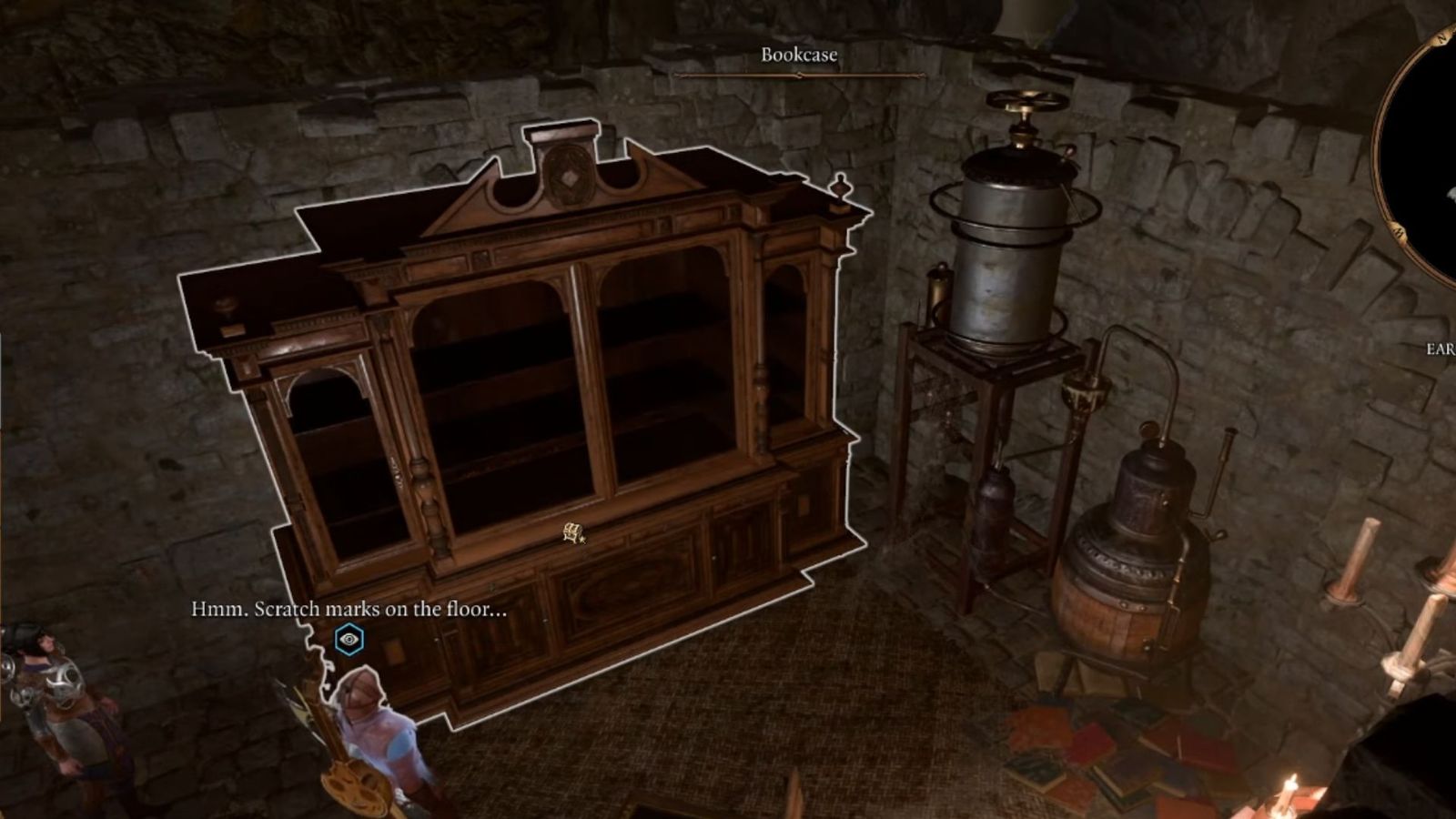 A screenshot of the bookcase in the Blighted Village Cellar in Baldur's Gate 3.