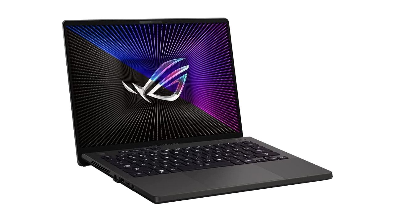 ASUS ROG Zephyrus G14 product image of a black laptop with ASUS ROG branding on the display in split between black and white and purple and blue.