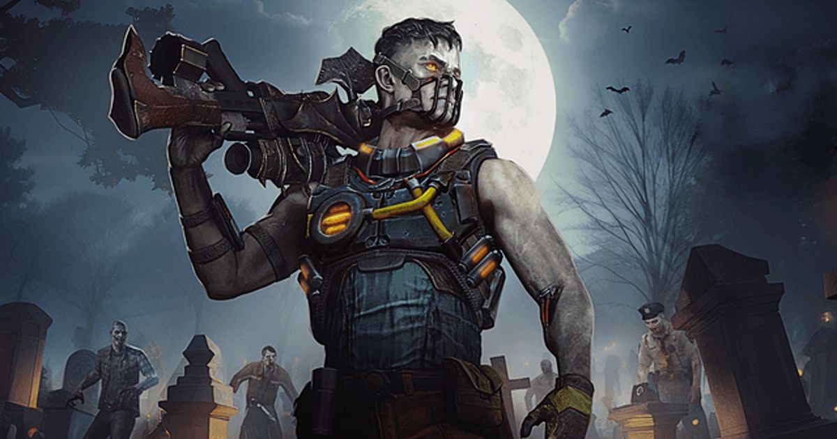 Man with large gun stands in front of the moon, in a graveyard full of zombies
