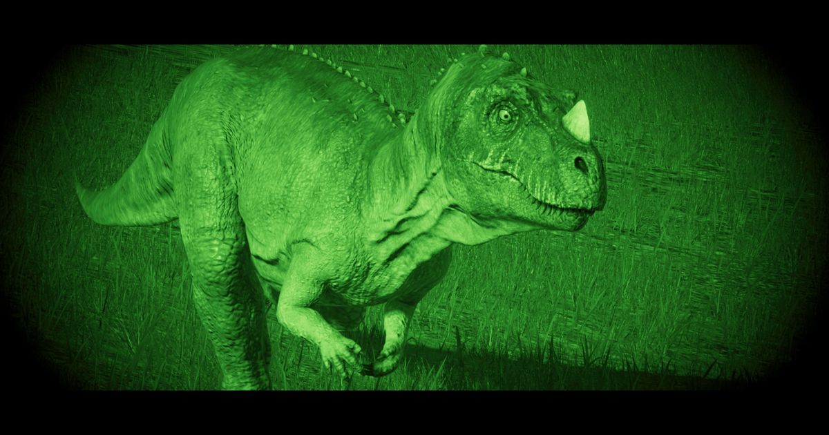 Jurassic World Evolution 2 Ceratosaurus Image from Capture Mode with a Night Vision Filter and Letterbox bars