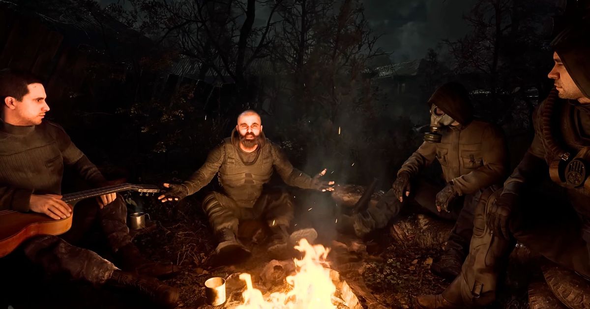 Stalker 2 characters huddled around a campfire