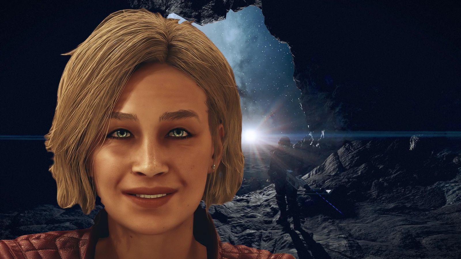 Starfield - blonde woman's face pasted over a Starfield screenshot of an astronaut looking at a star