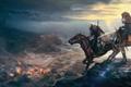 The Witcher 3 Artwork: Geralt, Roach and a mage on horseback overlook a burning city.
