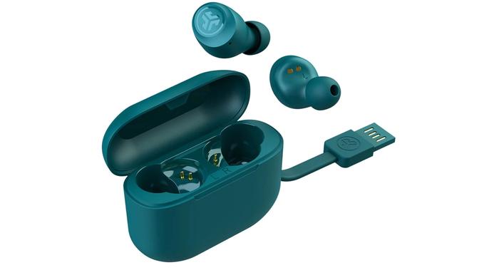 A pair of teal-coloured JLab eaburds and their charging case