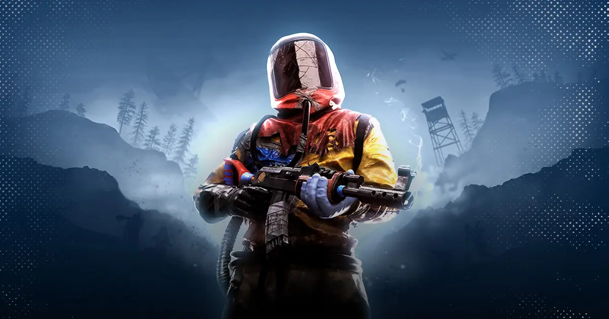 Screenshot of Rust player wearing red gas mask and yellow hazmat suit with sky in the background