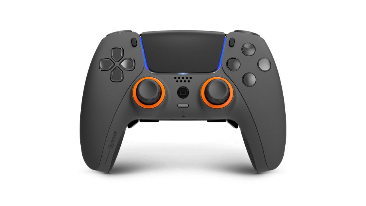 SCUF Reflex Pro product image of a grey gamepad with orange and blue trim.