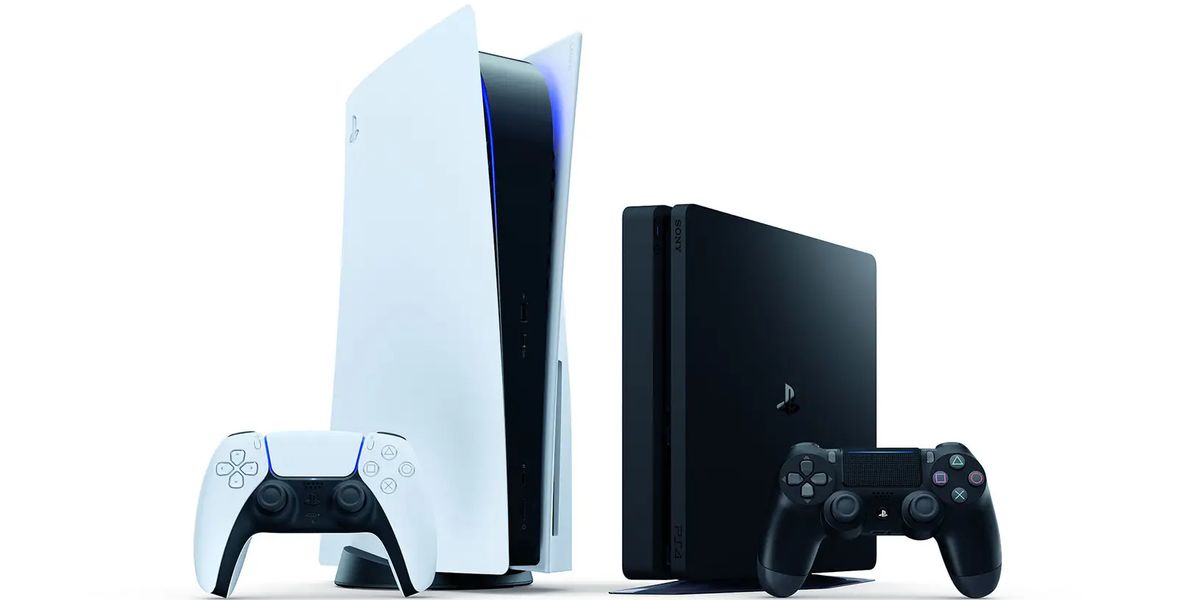 A promo image of the PS5 alongside the PS4.