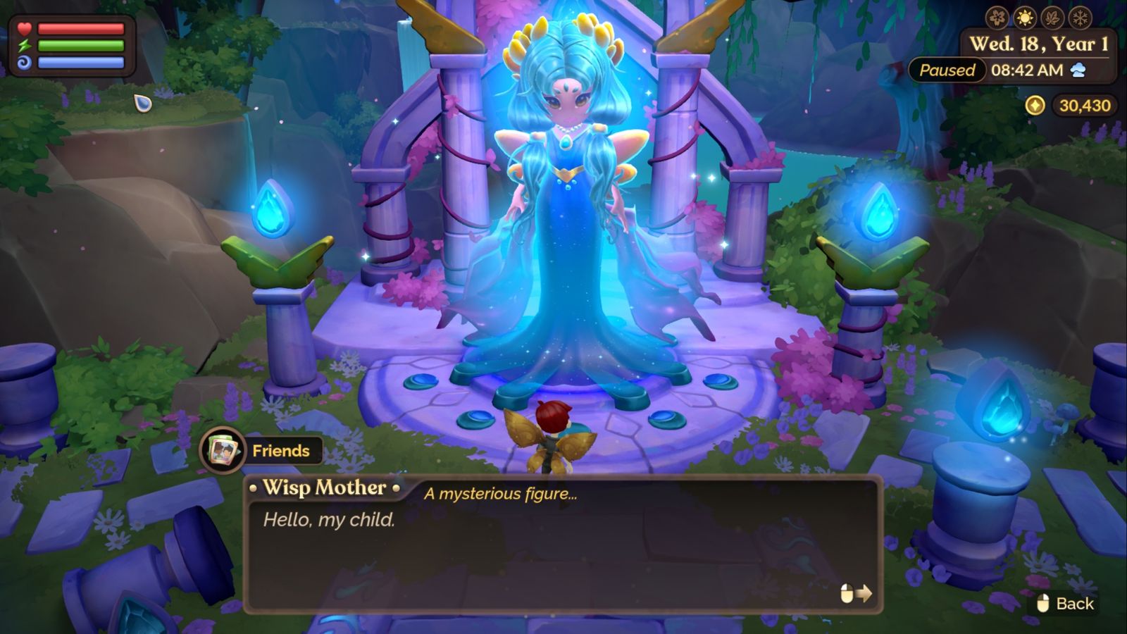 Fae Farm character standing near the wisp mother. She says 'Hello, my child'.