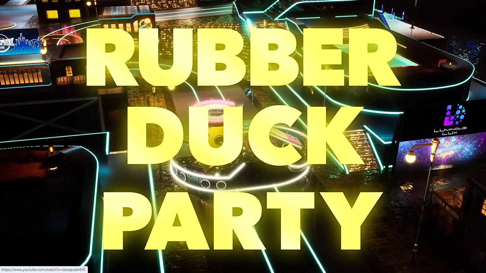 Rubber Duck Party written in big yellow letters in Foamstars