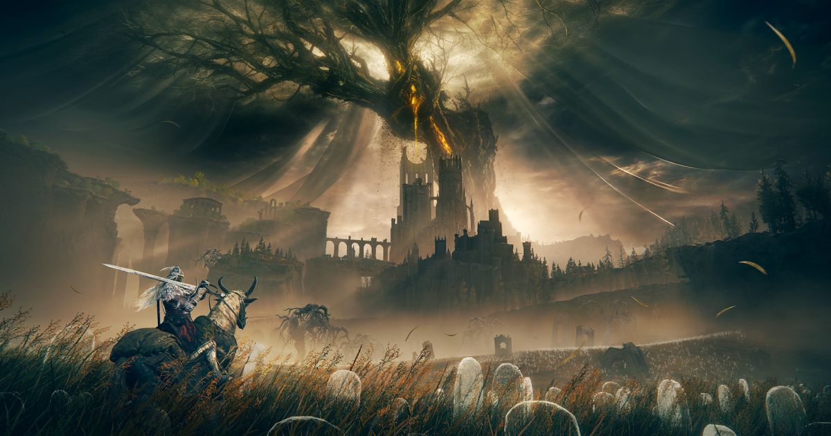 A character from Elden Ring riding a horse with a sword in-hand looking up at a castle and dark tree with yellow light behind it.