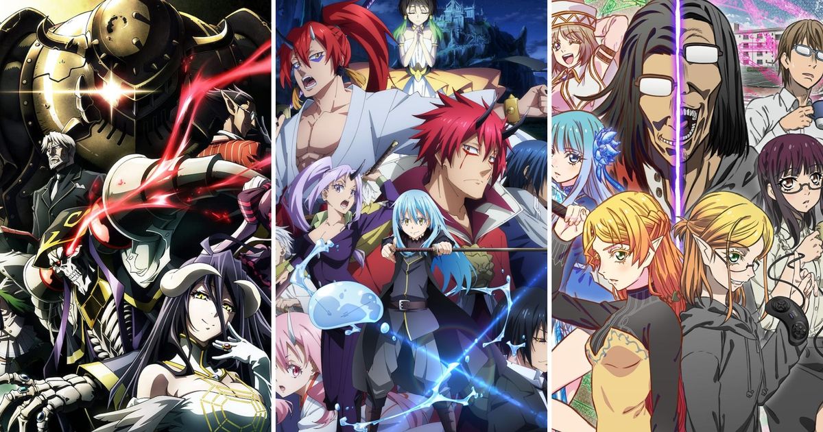 Promotional images from three anime shows like Slime Isekai.