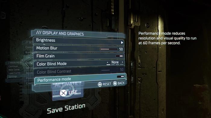 Dead Space remake performance and quality mode toggle in the settings menu.